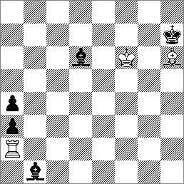white king f6, bishop h6, rook a2, black king h7, bishops d6 and b1, pawns a4 and a3